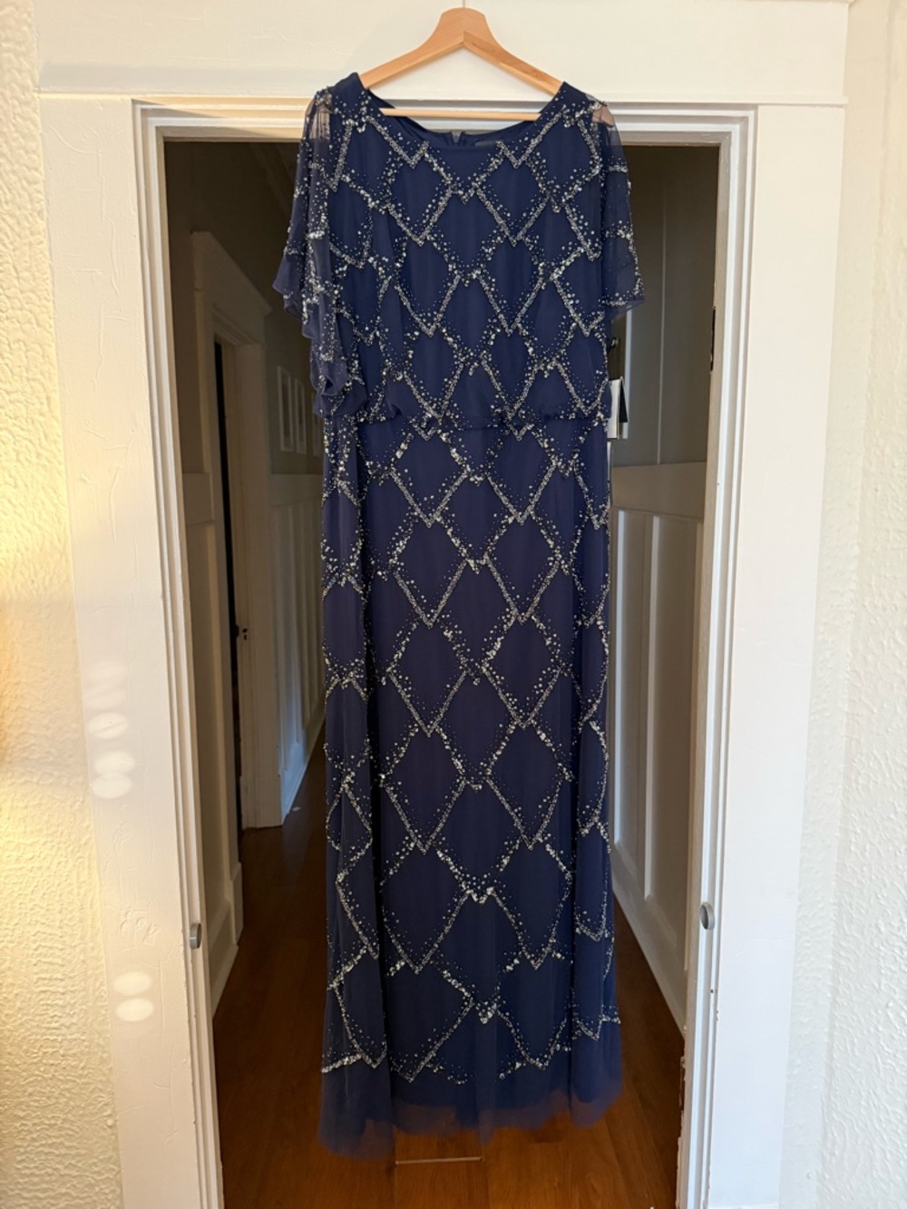 Adrianna Papell Navy Beaded Chiffon Evening Gown